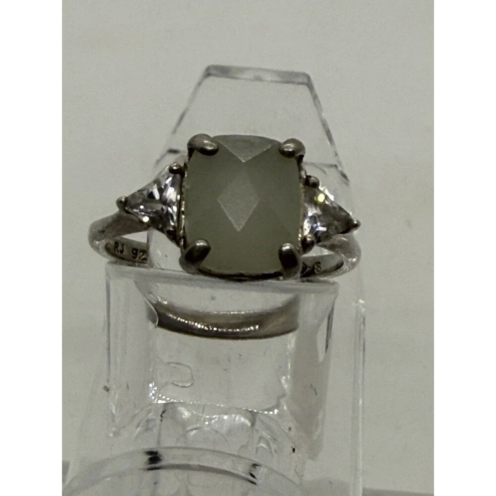 Sterling Jadite Vintage Ring Avon RJ Cushion Cut CZ Side Stones Nice Size 7.75 - Picture 6 of 16